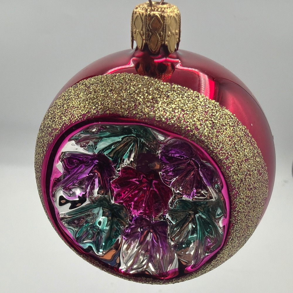 Vintage Christmas by Krebs Mercury Glass Indent Reflector Ornament Red Gold Mica